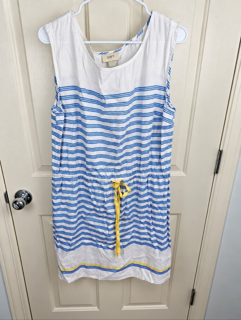 LOFT NWT Nautical Blue White Neon Yellow Accent Linen Blend Casual Dress Size 14